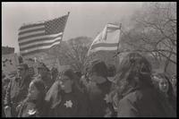 American and Israeli flags fly behind protesters at the Jewish Defense League demonstration against the treatment of Soviet Jewry, the Ellipse, Washington, D.C., 21 March 1971