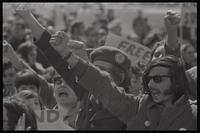 Attendees raise fists while protesting with the Jewish Defense League against the treatment of Soviet Jewry, the Ellipse, Washington, D.C., 21 March 1971