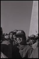 Farmers, many wearing hats that read "We Support Agricultural Strike," stand together near the Washington Monument during the first Tractorcade demonstration in Washington, D.C., 18 January 1978