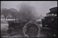 A tractor on fire on the National Mall during the second Tractorcade demonstration, 28 February 1979