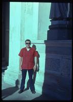 Jack Child standing near William Walker plaque at Catedral de Granada