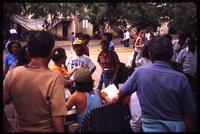 Crowd listening to women speak during Sandinista city hall demonstration 