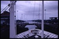 Bow of ship approaching Panama Canal locks