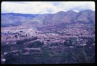 Aerial view of homes and mountians in Cuzco, Peru