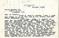 Letter from Chancellor to Rev. W.L. Davidson, 1907 November 06