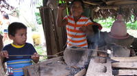 Children roast marshmallows over a fire for s'mores in El Plátano, Panama