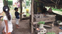A boy stands next to the fire pit roasting a marshmallow, El Plátano, Panama