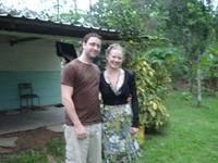 Rachel Teter and her boyfriend stand in front of her home in El Plátano, Panama