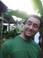 Baby parrot perched on a man's shoulder, El Plátano, Panama 