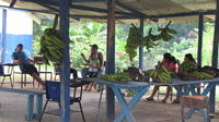 Men, women, and children sit in an outdoor classroom for a school fundraiser, El Plátano, Panama