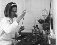 Peace Corps Volunteer Kay Burgi works in the lab at the Temuco Hospital, Temuco, Chile