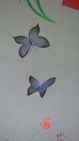 Blue morpho butterflies painted on the wall of the library in El Plátano, Panama