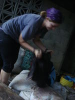 Female Peace Corps Volunteer picks up a butchered cow's head, El Plátano, Panama