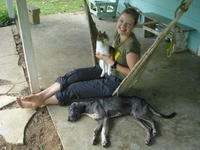Rachel Teter poses in a hammock with a cat and dog, El Plátano, Panama