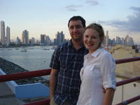 Close-up of Rachel Teter and a friend on the Cinta Costera overpass, Panama City, Panama