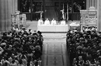 Overhead view of the center aisle and congregation attending a religious service at the Washington National Cathedral (1977)