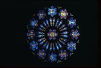 Stained glass rose window with twelve flower panels at the Washington National Cathedral (1977)