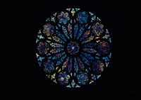 Stained glass rose window with ten flower panels in the Washington National Cathedral (1977)