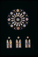 Alternate view of a rose window above three sets of windows at the Washington National Cathedral, Washington, D.C.