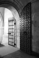 Arched doorway and wrought iron gate in the Washington National Cathedral (1977)