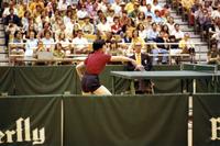 Chinese female athlete playing in a table tennis match at the College of William and Mary, Williamsburg, Virginia