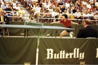 Chinese athlete playing in a table tennis match at the College of William and Mary, Williamsburg, Virginia
