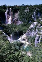Waterfalls and rock faces in Plitvice Lakes National Park, Croatia