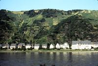 Alternate view of waterfront and houses along the Rhine River in Sankt Goarshausen, Germany