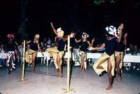 Seven dancers performing behind a limbo bar