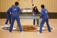American table tennis athletes practicing in the arena at the College of William and Mary, Williamsburg, Virginia