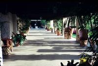 Alternate view of a covered walkway on the grounds of a hotel, with a decorative well 